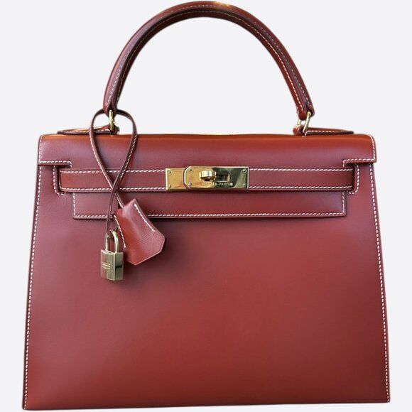 Hermes Handbags - Hermes Sienne Red & Gold Hardware Box Leather Kelly 28